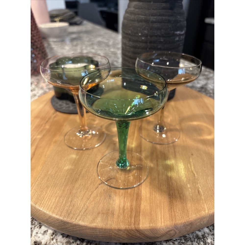 Set of 3 Vintage  Green, Yellow And Orange  Stem Cosmo Martini Glasses